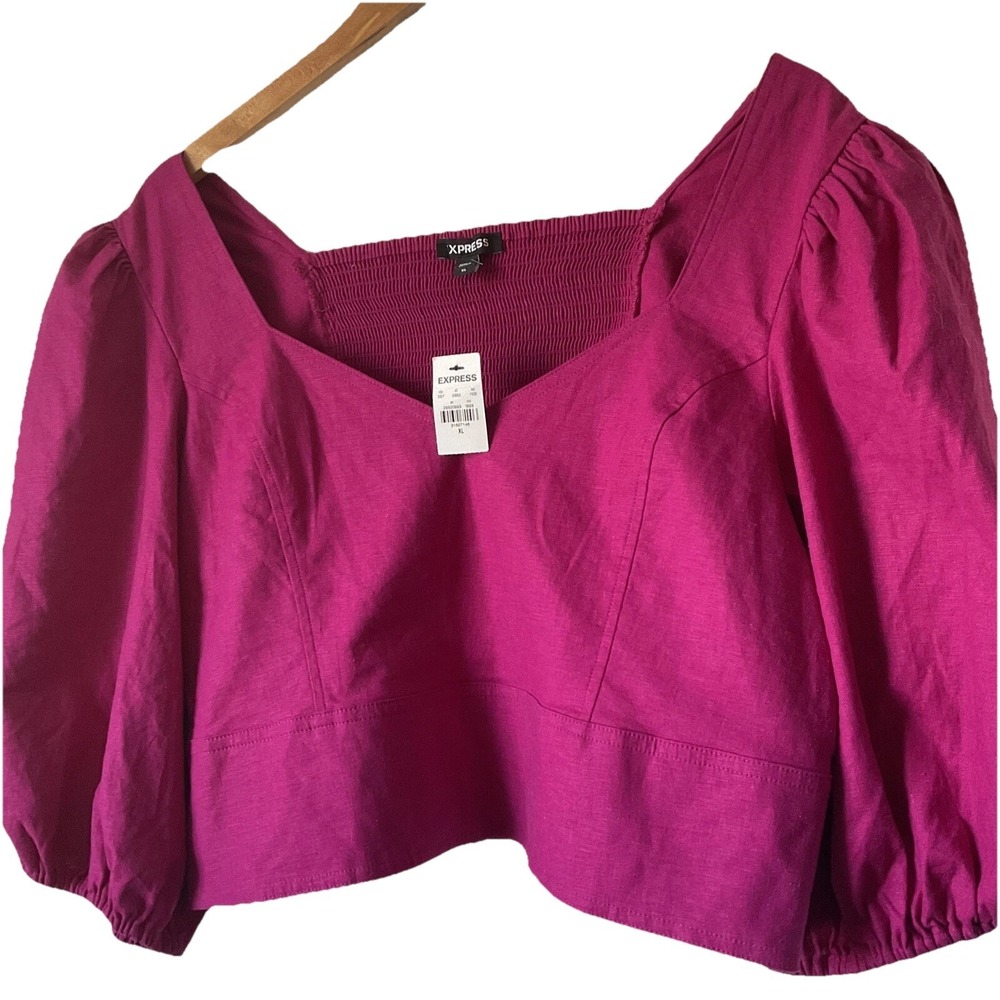 EXPRESS NWT Balloon Sleeve Blouse Fuchsia Women‎ Linen Blend Barbie XL MSRP $75 - Picture 5 of 6